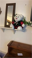 White wall shelf, wood stool, bear, mirror