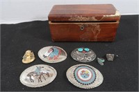 4 Belt Buckles, 2 Rings & Wooden Box