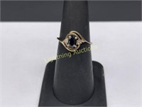 10K YELLOW GOLD BLUE SAPPHIRE AND DIAMOND RING