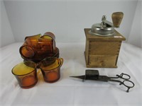TRAY: 6 AMBER CUPS & SAUCERS, COFFEE GRINDER,