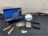 Brush, Mirror, curling Iron, velvet covered box