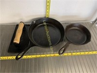 2 Cast Iron pans and bacon press