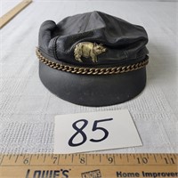 Leather Biker's Cap with Pig Pin