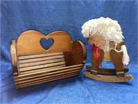 Wooden doll rocking horse & wood heart mag. basket
