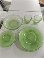 GREEN DEPRESSION GLASS PLATES, SAUCERS & MORE