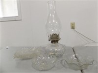 GLASS OIL LANTERN & OTHER GLASS DISHES