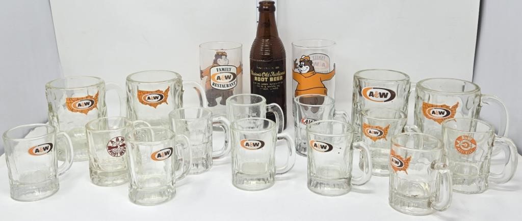 A & W Mugs, Glasses, & Mason's Root Beer Bottle