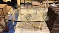 Glass top brass bass coffee table, 16 x 40 x 40,