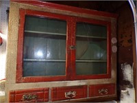 ANTIQUE WALL CABINET W/DRAWERS & BROKEN GLASS