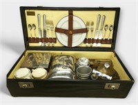 Cased Coracle Travel Picnic Set for 4 Circa 1920