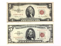 2 Red Seal Notes, 1953 $2, 1963 $5 Bills, Currency