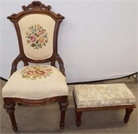 Antique Parlor / Side Chair & Upholstered Stool