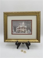 FRAMED WINTER SCENE WITH VICTORIAN HOUSE