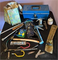 Vintage Oil Can, Plastic Tool Box, Wrenches +