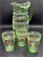 Green Uranium Handpainted pitcher and glasses