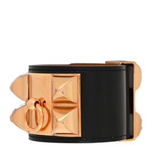 HERMES Box Black Gold Leather Bracelet Cuff