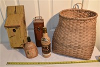 Lot: bird house, wicker bottles and wine box, oak