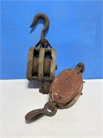 2 Antique Wood Hook Barn Pulleys