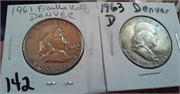 1961 D & 1963 D Franklin US silver half dollars