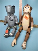 Wooden jointed elephant and monkey