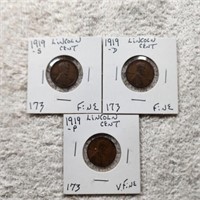 1919P VF, 1919D F,1919S F Lincoln Cents