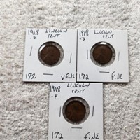 1918P F,1918D,1918S VF Lincoln Cents