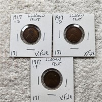 1917P VF,1917D XF,1917S VF Lincoln Cents