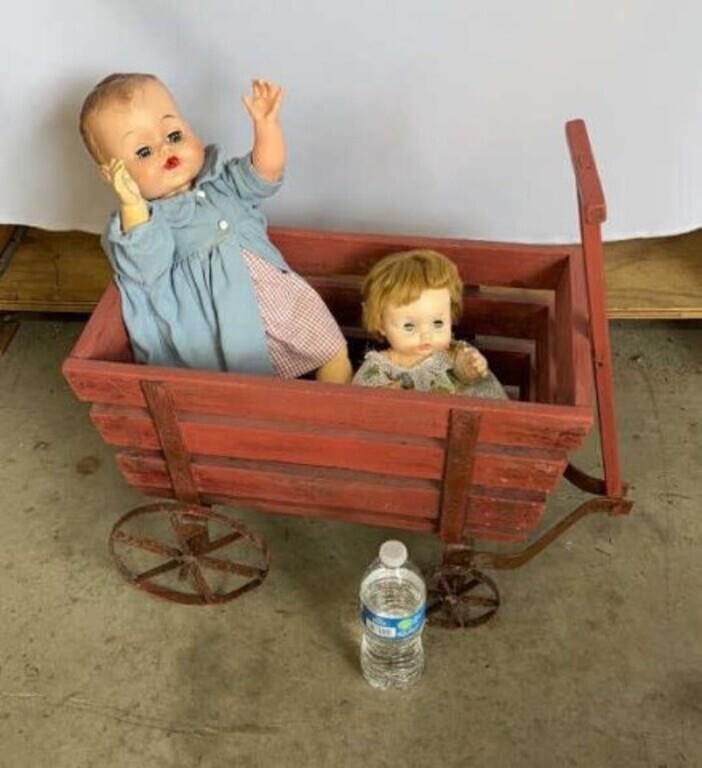 Rustic Wooden Wagon on Metal Wheels with 2 Dolls