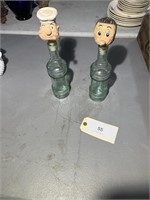 WOOD CARVED POPEYE AND OLIVE OYL ON OLD BOTTLES