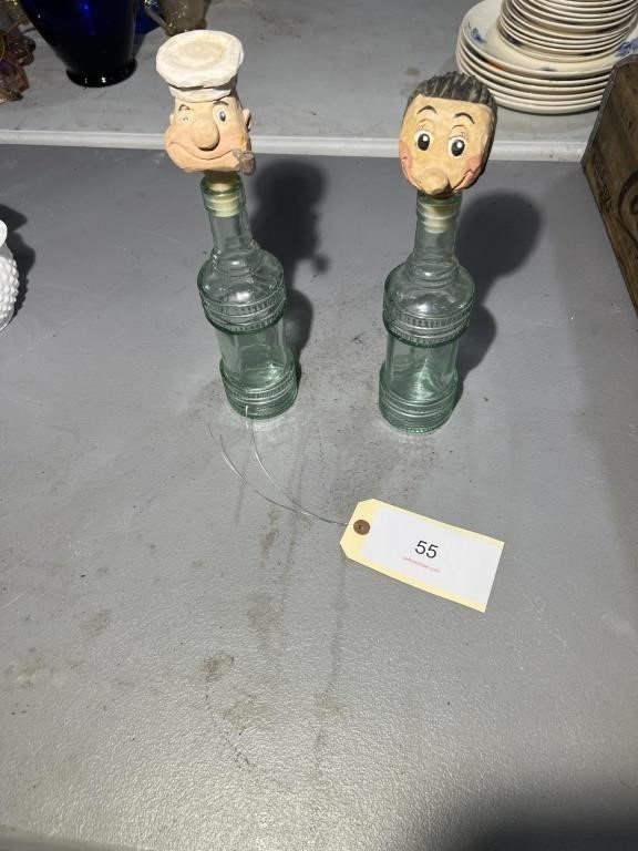 WOOD CARVED POPEYE AND OLIVE OYL ON OLD BOTTLES