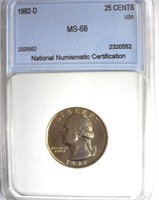 1992-D Quarter NNC MS-68 LISTS FOR $5000