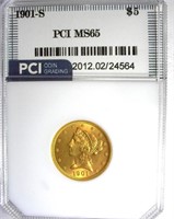 1901-S Gold $5 PCI MS-65 LISTS FOR $2500