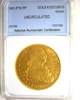 1801-PTS PP Gold 8 Escudos NNC UNC Bolivia