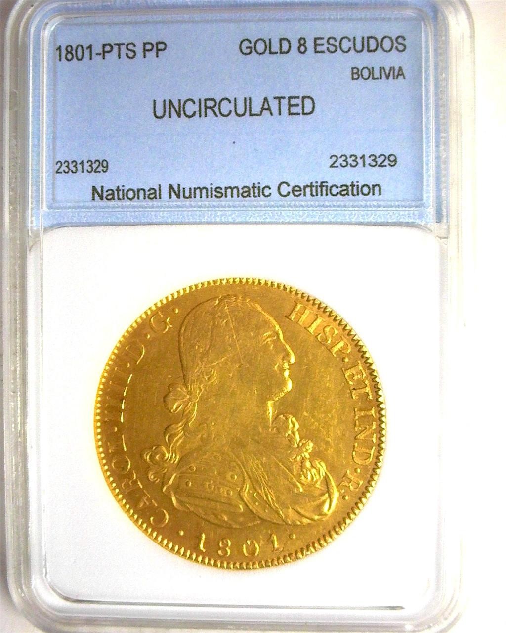 1801-PTS PP Gold 8 Escudos NNC UNC Bolivia