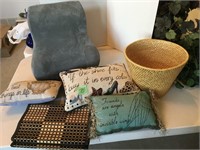 asst pillows, basket, table runner