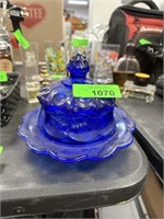 VTG BLUE GLASS LIDDED DOME DISH