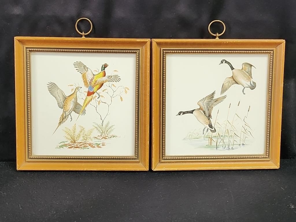 VINTAGE FRAMED PAINTED ENGLISH TILE PHEASANTS &...