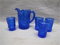 Vintage Cobalt Blue Glass Pitcher & Glasses