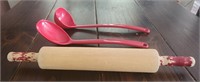 Wooden Rolling pin with red paint handles and 2