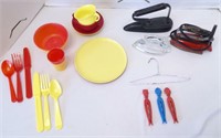 Plastic Child's Dishes, Irons, Clothes Pins &