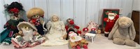 Large box lot dolls, bears and stuffed animals,