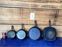 10, 10, 8, 6 1/2 inch cast iron pans