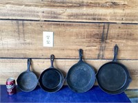 10 1/2, 10, 8, 6 5/8 inch cast iron pans