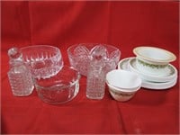 Corelle dishes, glassware.