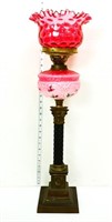 Vntg 29in parlor lamp w/ cranberry coin dot shade