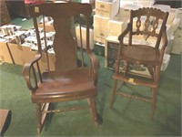 Childs Victorian chair and early plank seat rocker