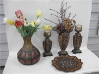2 Candle Holders, 2 Dry Arrangements & Decor Tray