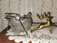Brass reindeer with glass sleigh