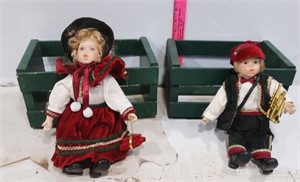 2 Small Wooden Crates w/ German Dolls