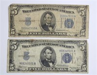 (2) 1934 U.S. BLUE SEAL SILVER CERTIFICATE $5